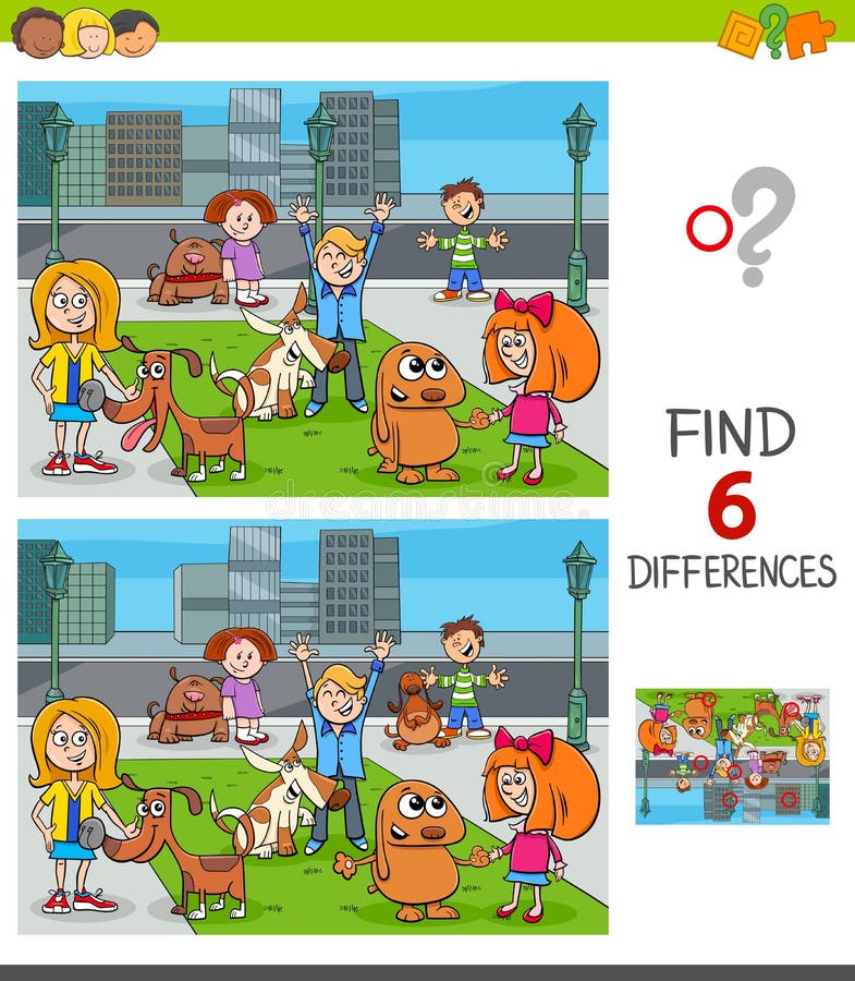 Cartoon Illustration of Finding Six Differences Between Pictures Educational Game for Children with Happy Kids with their Dogs Characters Group. Cartoon Illustration of Finding Six Differences Between Pictures Educational Game for Children with Happy Kids with their Dogs Characters Group