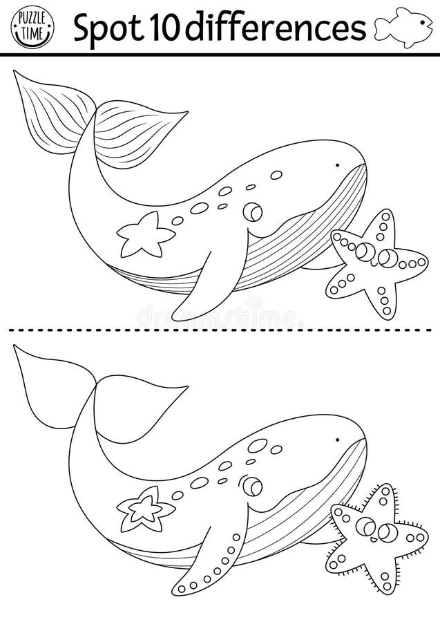 Find differences game. Under the sea black and white educational activity with cute whale and starfish. Ocean life line puzzle for