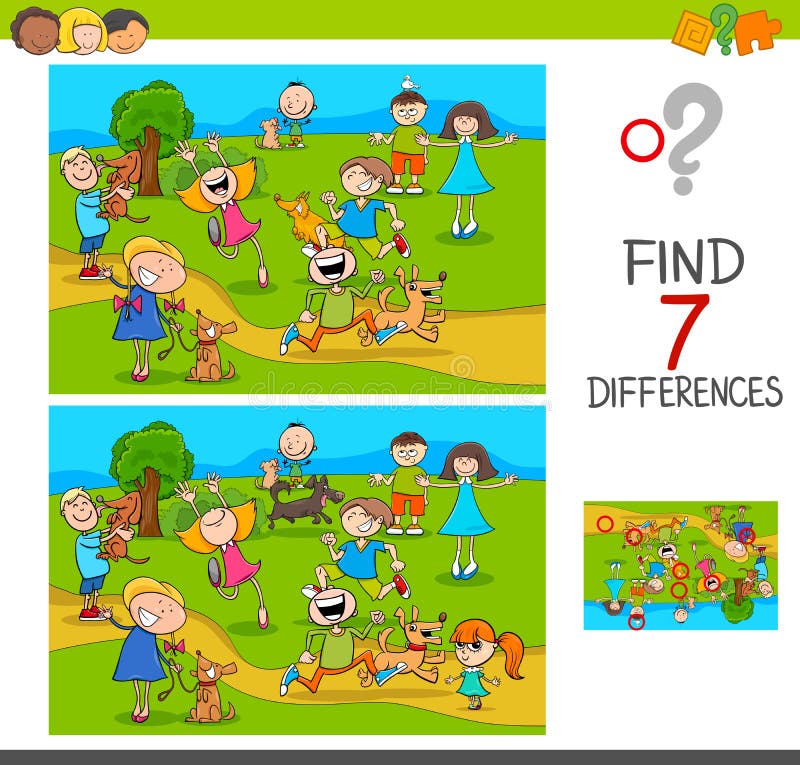 Cartoon Illustration of Finding Seven Differences Between Pictures Educational Activity Game for Kids with Happy Children and Pets Characters Group. Cartoon Illustration of Finding Seven Differences Between Pictures Educational Activity Game for Kids with Happy Children and Pets Characters Group