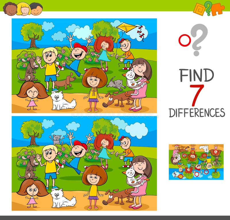 Cartoon Illustration of Finding Seven Differences Between Pictures Educational Activity Game for Kids with Children and Pets Characters Group. Cartoon Illustration of Finding Seven Differences Between Pictures Educational Activity Game for Kids with Children and Pets Characters Group