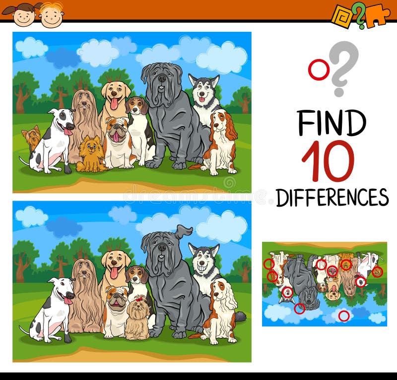 Cartoon Illustration of Finding Differences Educational Game for Preschool Children with Dogs. Cartoon Illustration of Finding Differences Educational Game for Preschool Children with Dogs