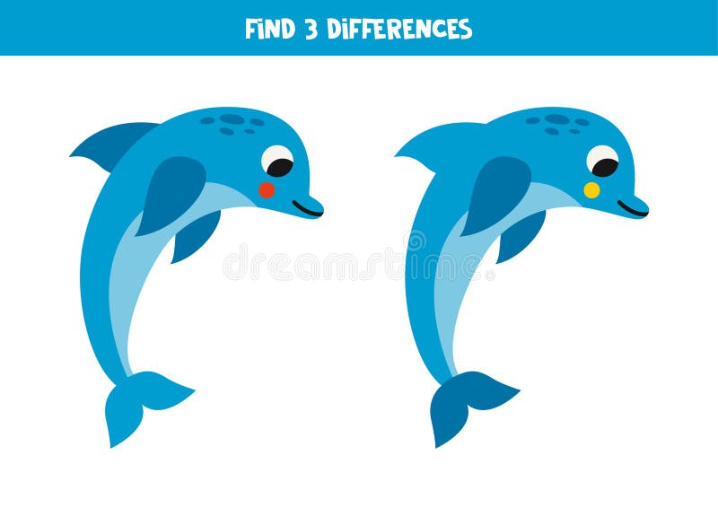 Find 3 Differences between Two Cute Blue Dolphins Stock Illustration