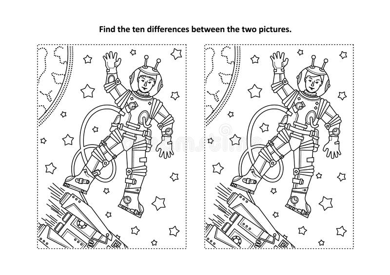 Space exploration themed find the ten differences picture puzzle and coloring page with astronaut or cosmonaut in outer space, rocket, stars, Earth. Space exploration themed find the ten differences picture puzzle and coloring page with astronaut or cosmonaut in outer space, rocket, stars, Earth