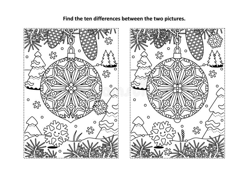 Find the differences visual puzzle and coloring page with christmas tree ornament stock illustration Find the differences visual puzzle and coloring page with christmas tree ornament stock illustration