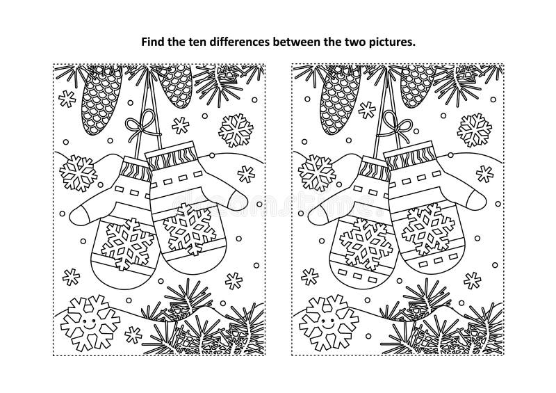 Find The Differences Visual Puzzle And Coloring Page With Santa S Mittens Stock Vector Illustration Of Santa Game 104539932