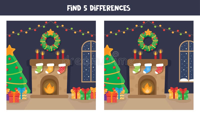 Find Five Differences between Two Christmas Pictures. Stock Vector