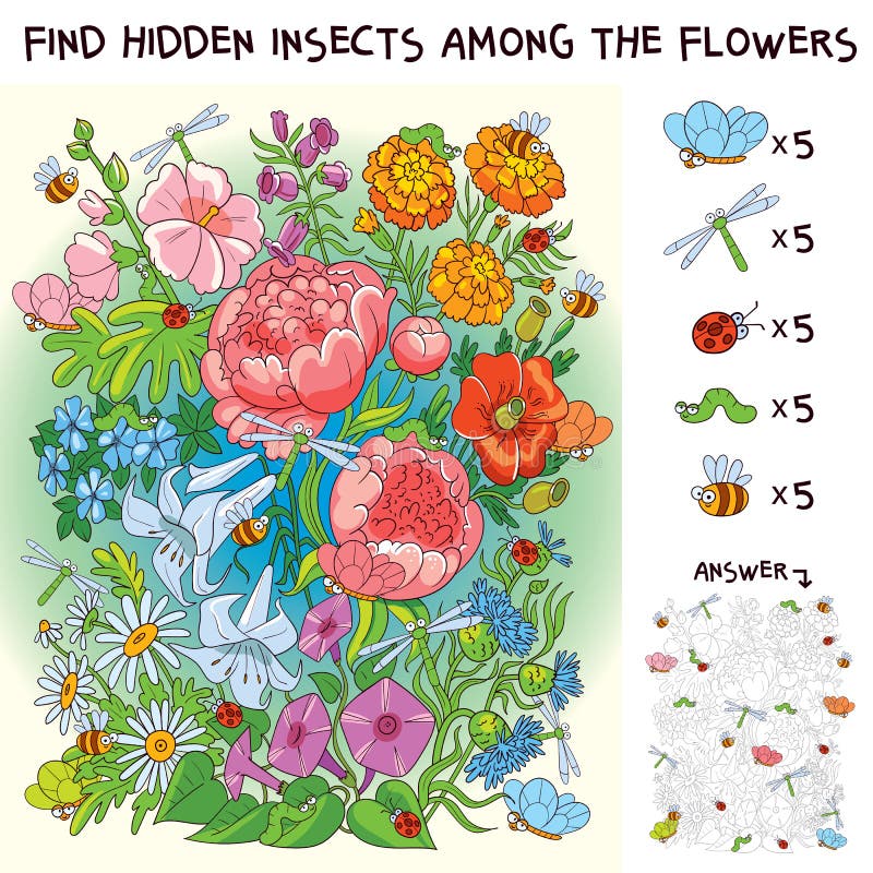 Find the hidden insects in the bouquet of flowers. Puzzle Hidden Items