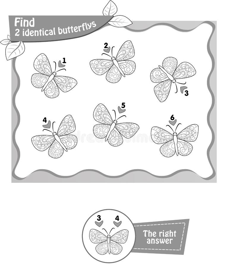 Visual game, coloring book for children and adults. Task to find 2 identical butterflies . black and white illustration. Visual game, coloring book for children and adults. Task to find 2 identical butterflies . black and white illustration