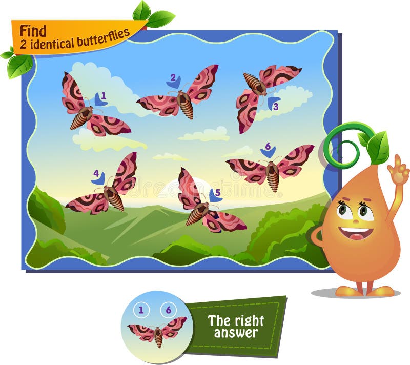Visual game for children . Task to find 2 identical butterflies. Visual game for children . Task to find 2 identical butterflies