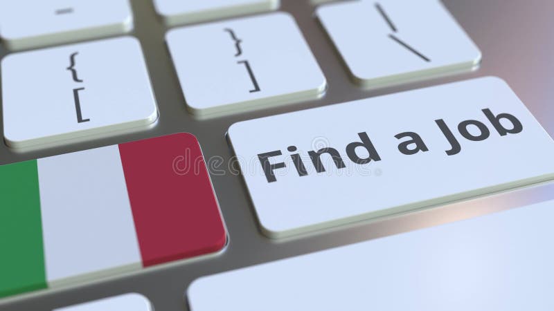 FIND A JOB text and flag of Italy on the buttons on the computer keyboard. Employment related conceptual 3D rendering. Text and flag of the buttons of the computer keyboard. Conceptual 3D