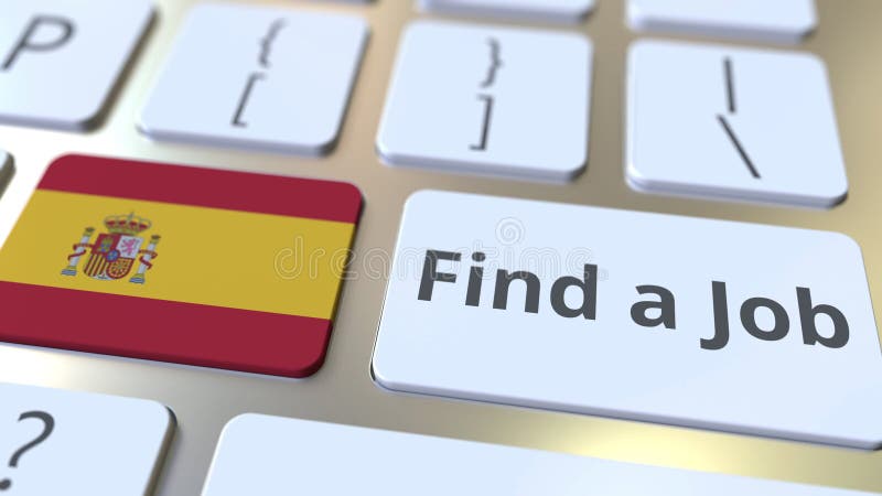 FIND A JOB text and flag of Spain on the buttons on the computer keyboard. Employment related conceptual 3D rendering vector illustration