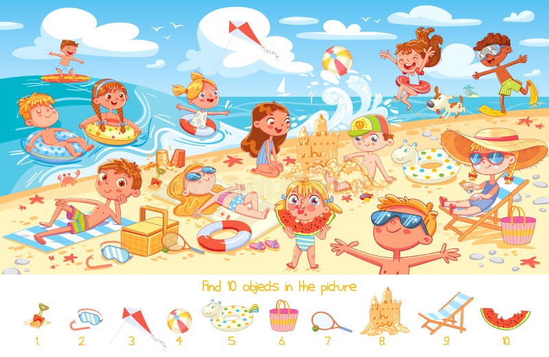 Find 10 objects in the picture. Group of kids having fun on beach