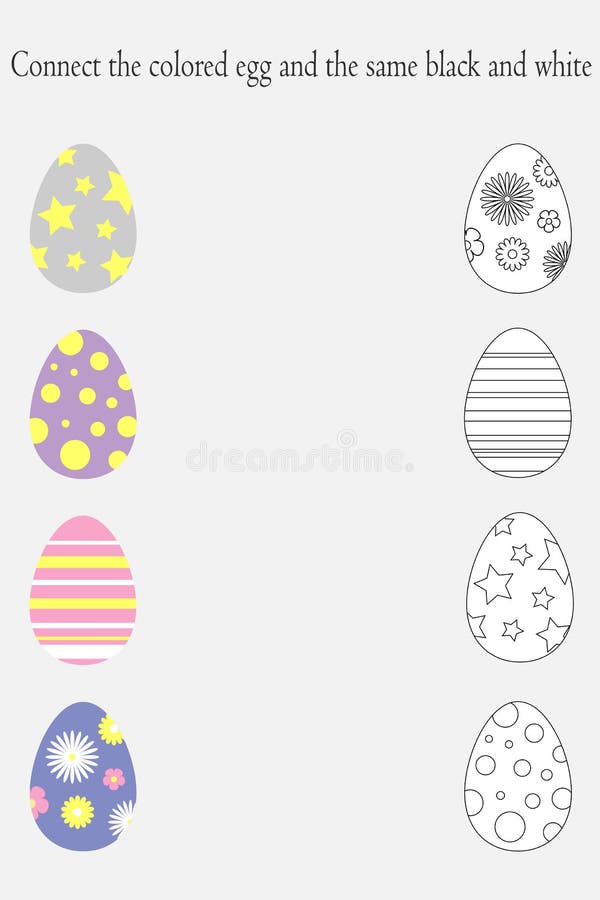 Find pairs of identical colored and black white pictures, fun education game with easter eggs for children, preschool worksheet royalty free illustration Find pairs of identical colored and black white pictures, fun education game with easter eggs for children, preschool worksheet royalty free illustration