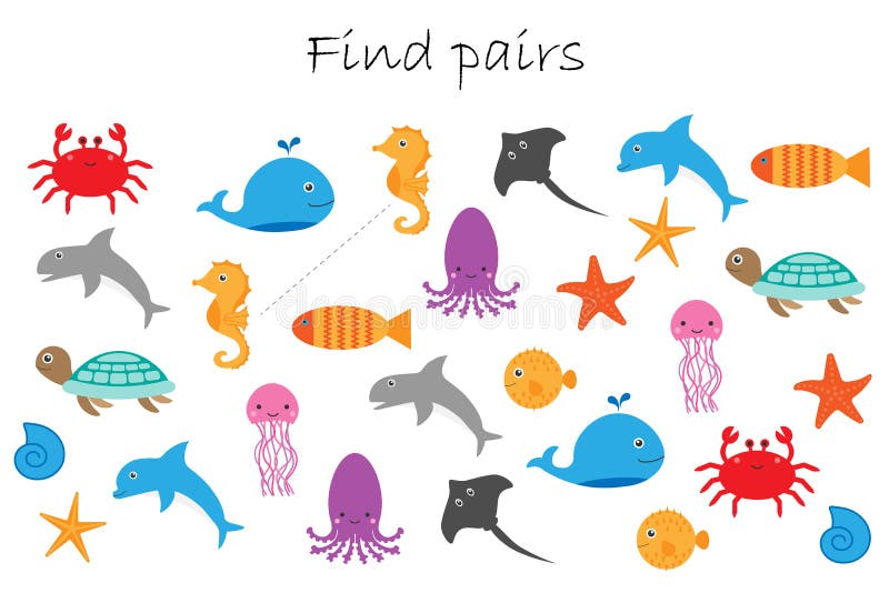Find Pairs Of Identical Pictures Fun Education Game With Different Ocean Animals For Children Preschool Worksheet Activity For Stock Illustration Illustration Of Easy Element 136807537