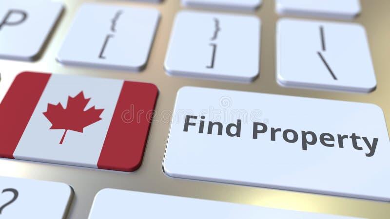 Find Property text and flag of Canada on the keyboard. Online real estate service related conceptual 3D rendering stock illustration