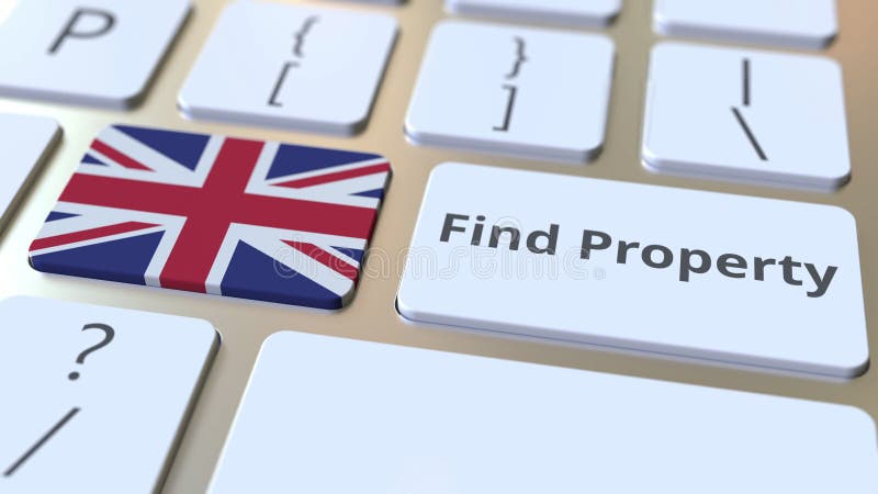 Find Property text and flag of Great Britain on the keyboard. Online real estate service related conceptual 3D animation