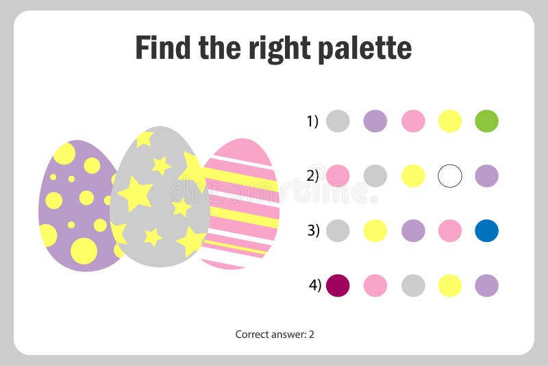 Find the right palette to the picture, eggs in cartoon style, easter education paper game for the development of children, kids