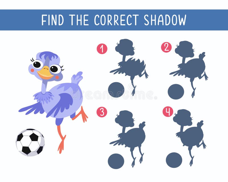 Find the right shadow. Puzzle game for kids. Cute ostrich playing football. Vector cartoon illustration. Funny character