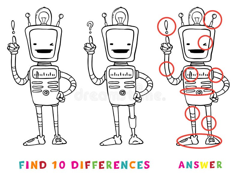 Găsiți zece diferențe între jocurile educaționale pentru copiii cu roboți. activitate de învățare a vectorilor pentru copii royalty free illustration