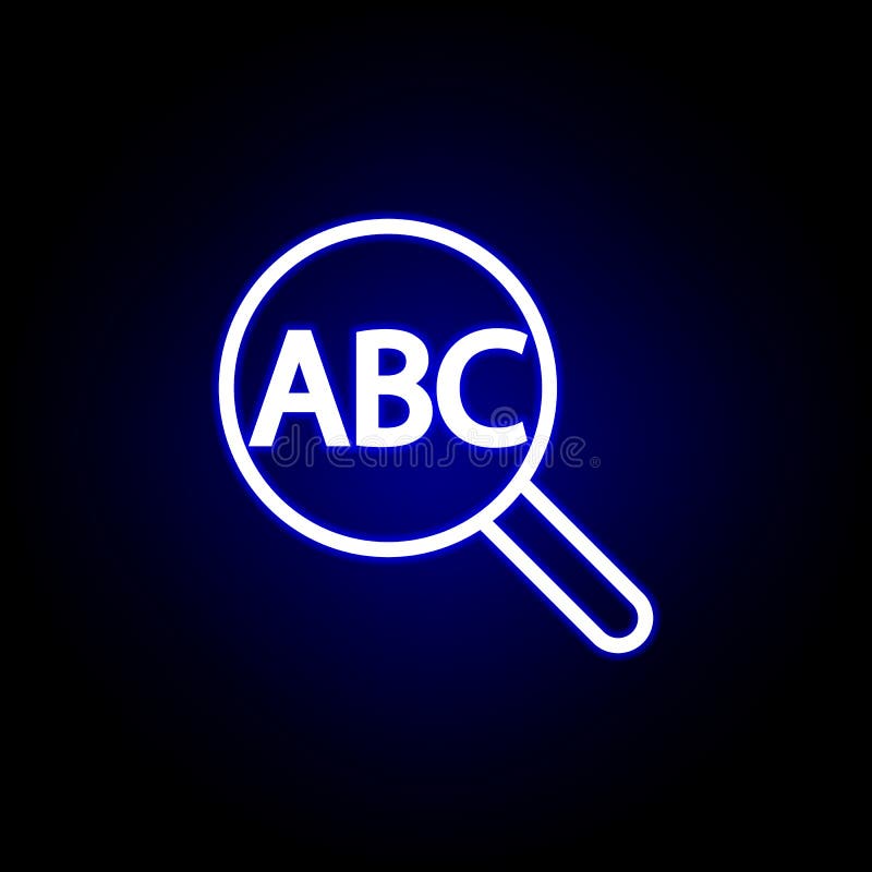 Find text, magnifier icon in neon style. Can be used for web, logo, mobile app, UI, UX vector illustration