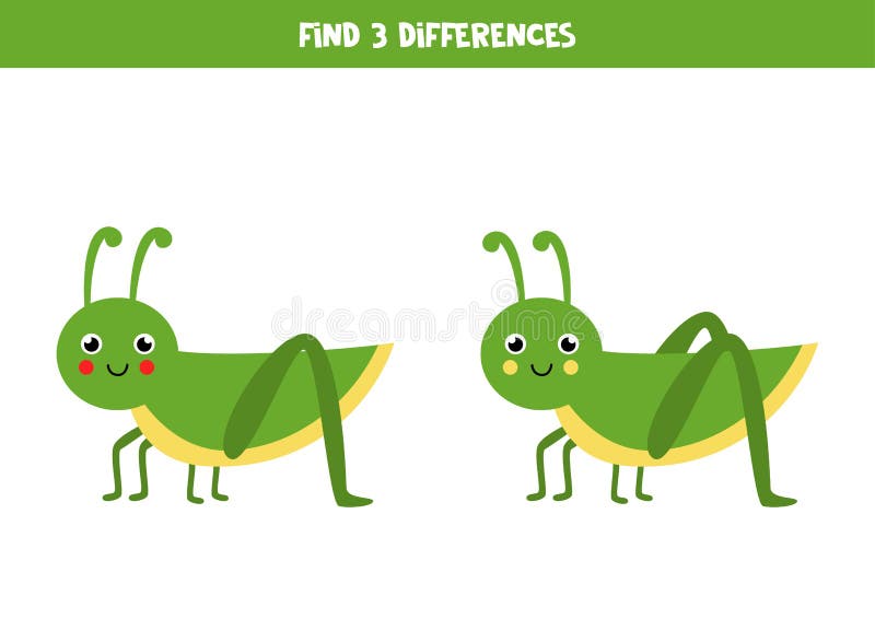 Find three differences between two cute grasshoppers.