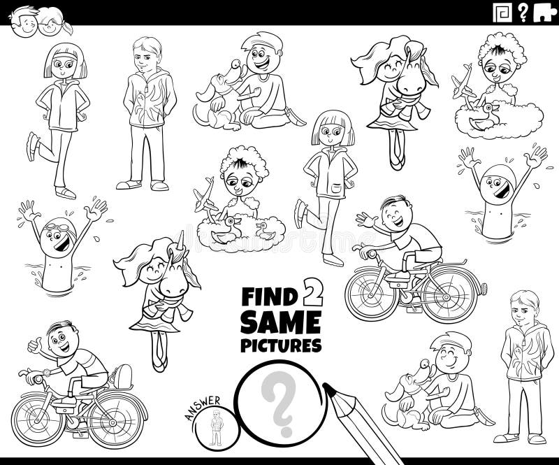 Cartoon illustration of finding two same pictures educational activity with children characters coloring page. Cartoon illustration of finding two same pictures educational activity with children characters coloring page