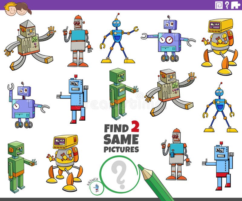 Find two same cartoon robot characters educational task stock illustration
