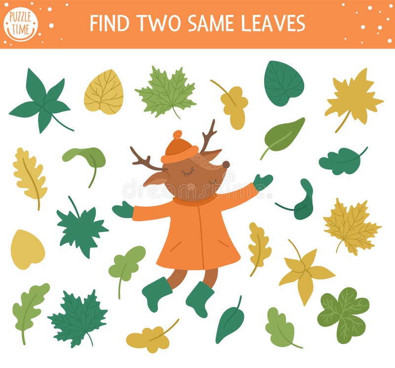 Find two same leaves. Autumn matching activity for children. Funny educational fall season logical quiz worksheet for kids. Simple printable game with plants and cute deer