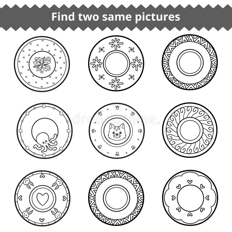 Find Two Same Pictures, Plates with Animals and Geometric Ornaments Stock  Vector - Illustration of children, plate: 69441744