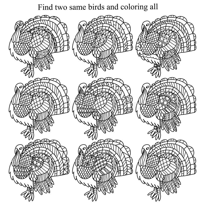 Find two same turkey birds and coloring all children worksheet. vector illustration Find two same turkey birds and coloring all children worksheet. vector illustration
