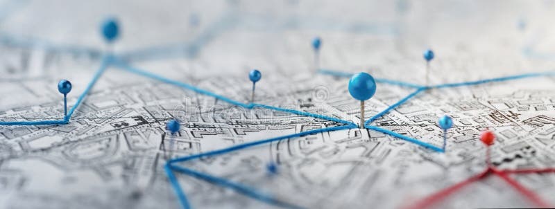 Find your way. Location marking with a pin on a map with routes. Adventure, discovery, navigation, communication, logistics royalty free illustration