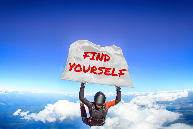 Find yourself. Flag in skydiving. People in free fall. Teampleat skydiver. Extreme sport. stock image