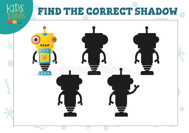 Find the correct shadow for cute cartoon humanoid robot educational preschool kids mini game. Vector illustration with 4 silhouettes for shadow matching puzzle. Find the correct shadow for cute cartoon humanoid robot educational preschool kids mini game. Vector illustration with 4 silhouettes for shadow matching puzzle