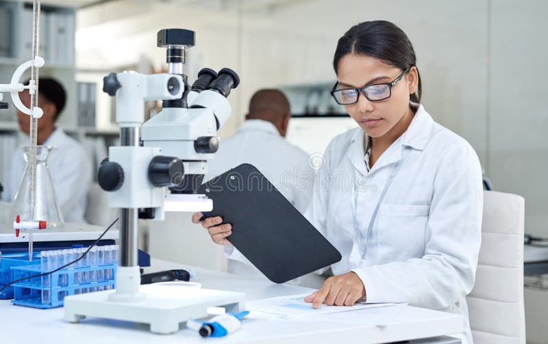 Finding answers to her countless why questions. a young scientist going through paperwork in a lab. stock photo