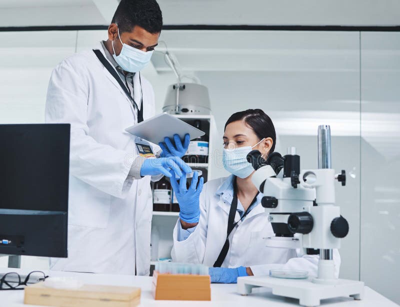 Finding answers to our scientific questions. two young researchers using a digital tablet in a laboratory. royalty free stock images