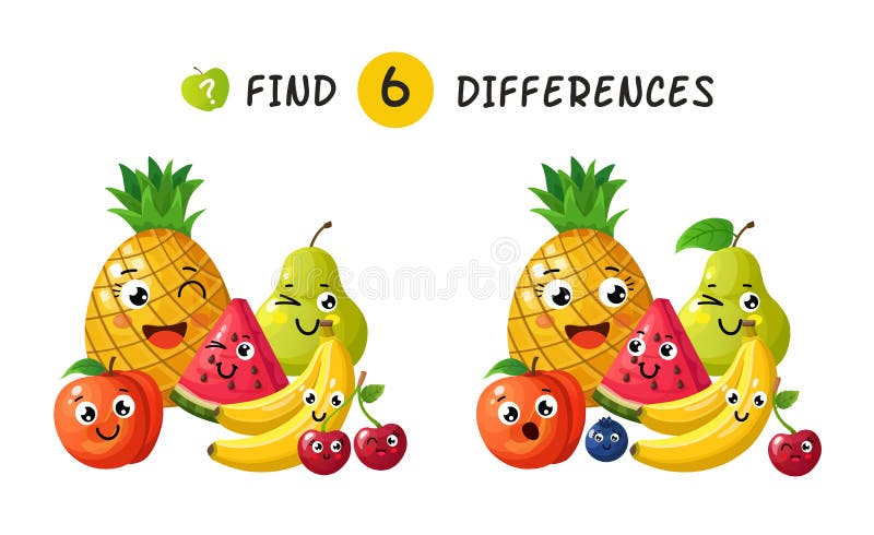 Finding differences. Children game with happy cartoon fruits. Vector illustration for kids book. Fruit apple and pineapple, plum and banana, berry and pear