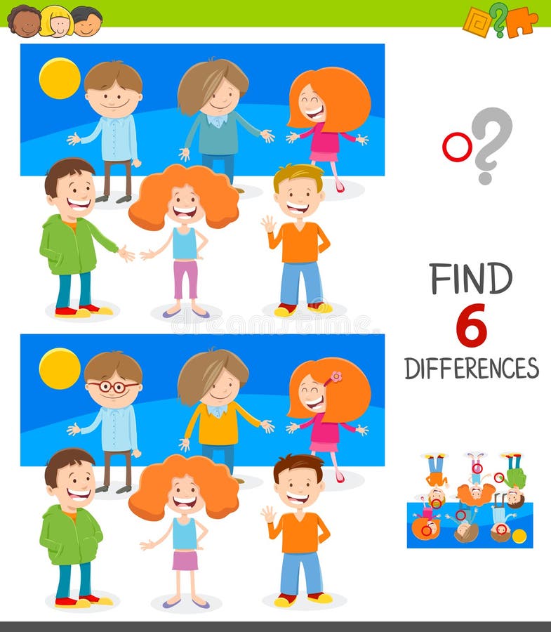 Cartoon Illustration of Finding Six Differences Between Pictures Educational Game for Children with Cute Kids Characters Group. Cartoon Illustration of Finding Six Differences Between Pictures Educational Game for Children with Cute Kids Characters Group