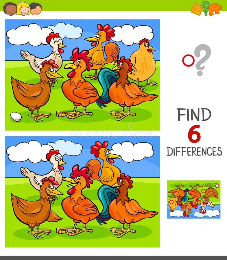 Cartoon Illustration of Finding Six Differences Between Pictures Educational Game for Children with Hens and Roosters Farm Animal Characters. Cartoon Illustration of Finding Six Differences Between Pictures Educational Game for Children with Hens and Roosters Farm Animal Characters