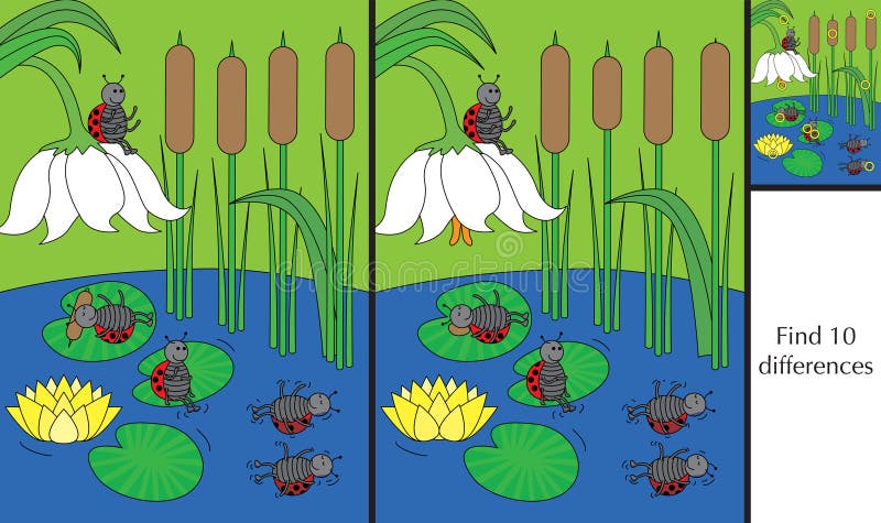 Finding differences puzzle. Educational game for preschool kids - finding differences - cartoon illustration of ladybugs on a lake with a solution