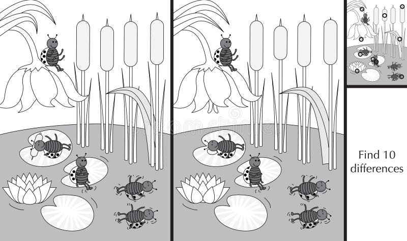 Educational game for preschool kids - finding differences - cartoon illustration of ladybugs on a lake with a solution in black and white. Educational game for preschool kids - finding differences - cartoon illustration of ladybugs on a lake with a solution in black and white