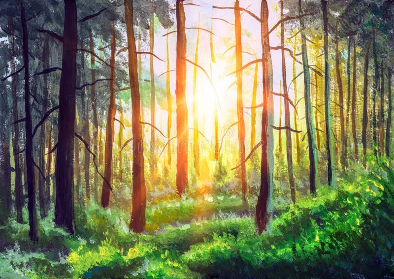 Fine art painting Summer Sunny Forest Trees And Green Grass. Nature park alley Wood Sunlight Background landscape