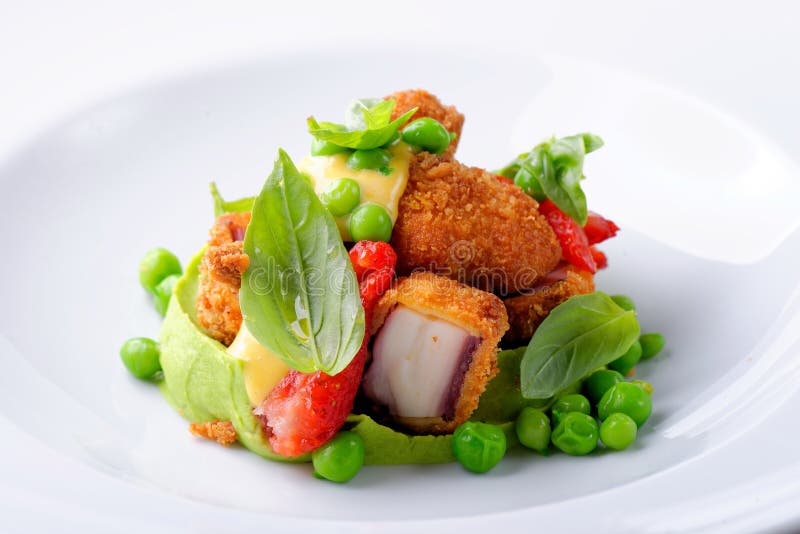 Fine Dining, Fried Octopus on Basil Mousse, Green Peas Stock Photo Image of japanese, kitchen