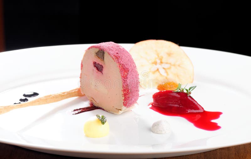 Fine Dining Goose Foie Gras Black Garlic Raspberry Jelly Stock Photos