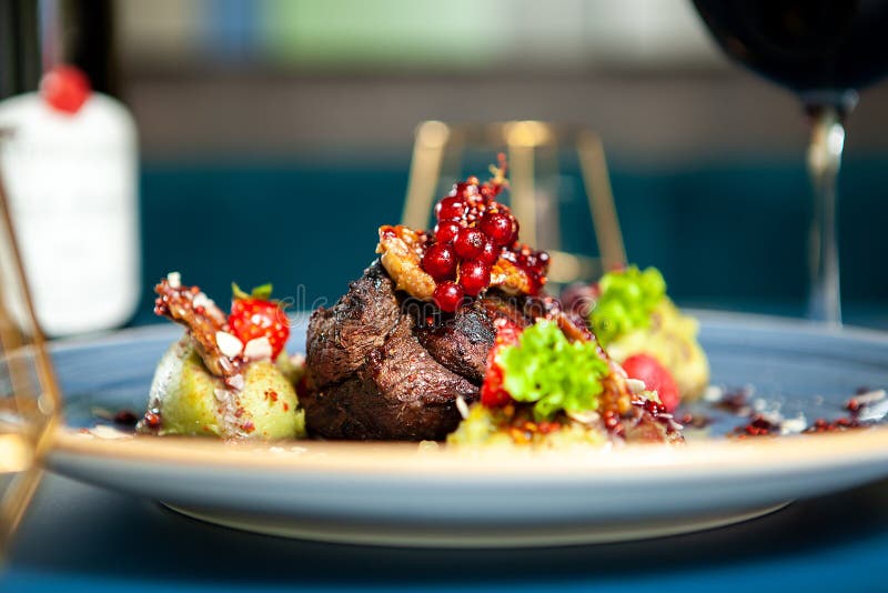 Fine Dining Grilled Steak with Vegetables Stock Image - Image of