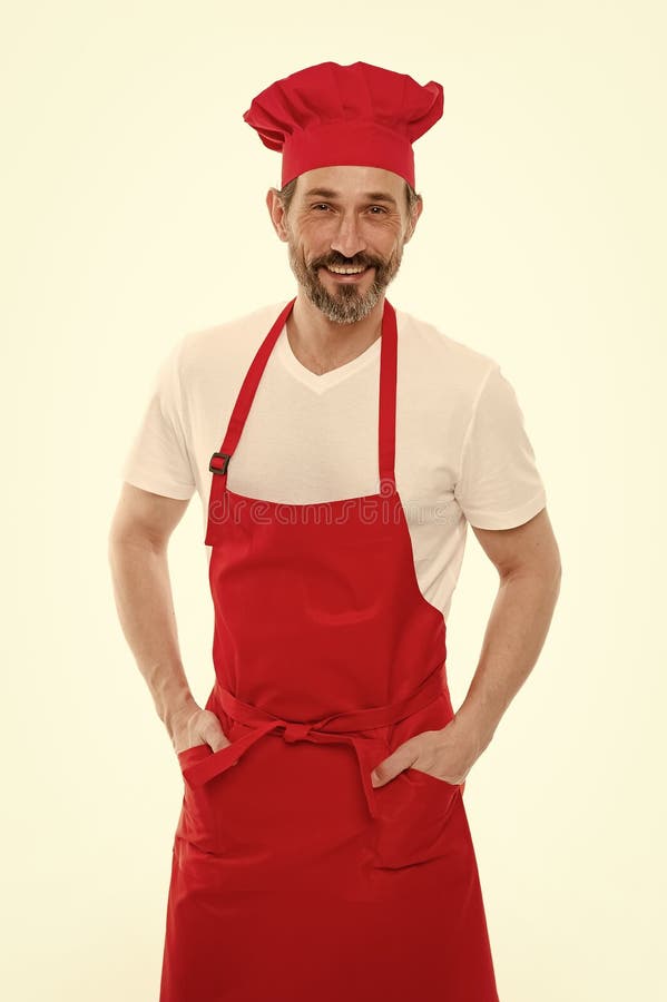 He Is A Fine Hand At Cooking Senior Cook With Beard And Moustache Wearing Bib Apron Stock Image 