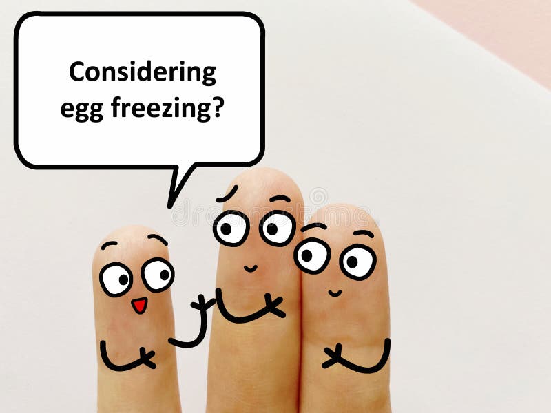 Three fingers are decorated as three person. One of them is asking if they are considering egg freezing. Three fingers are decorated as three person. One of them is asking if they are considering egg freezing