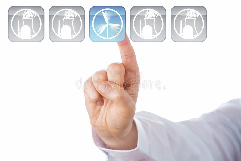 Close up of a male index finger choosing a blue wind power icon over nuclear energy icons in a row of five push buttons. Cut out isolated over white background. Rasterized illustration artwork. Close up of a male index finger choosing a blue wind power icon over nuclear energy icons in a row of five push buttons. Cut out isolated over white background. Rasterized illustration artwork.