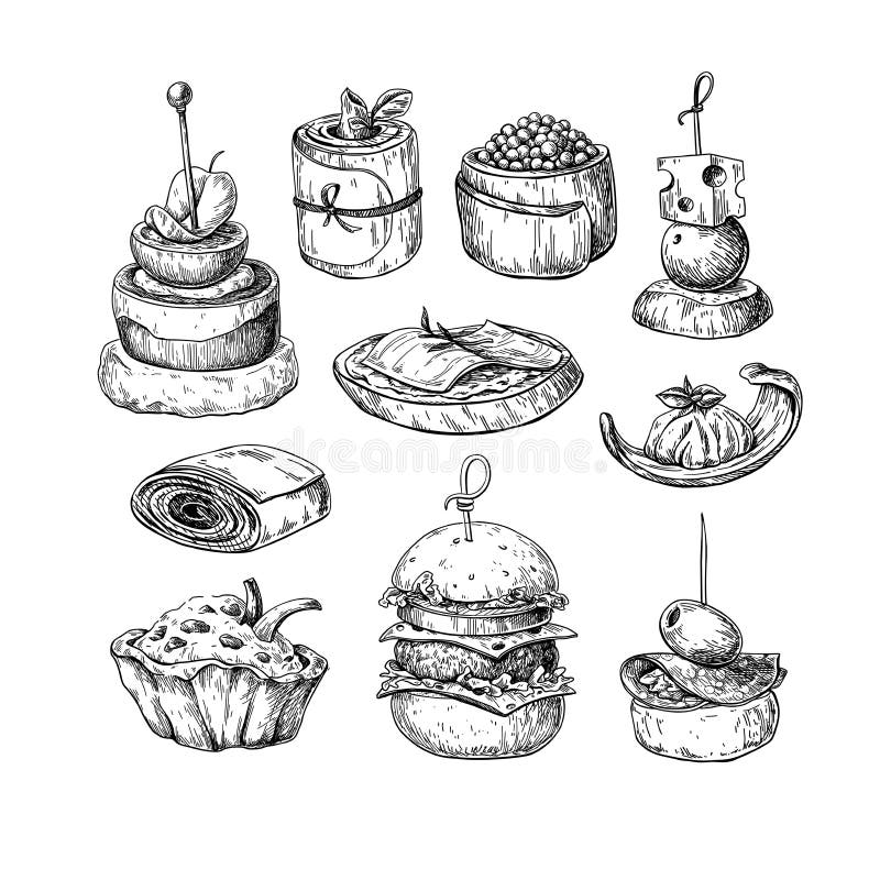 Finger food vector drawings. Food appetizer and snack sketch. Ca