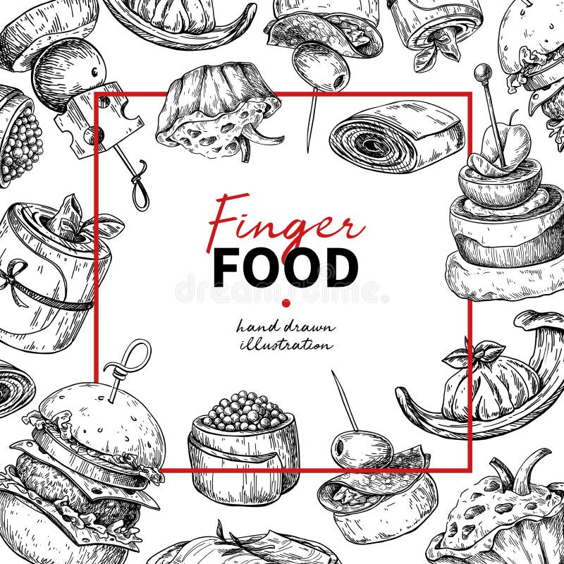 Finger food vector frame drawing. Catering service frame templat