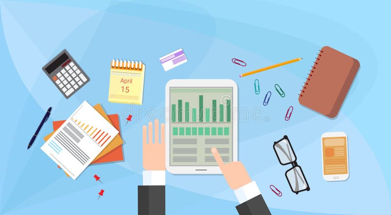 Finger för pekskärm för hand för man för affär för minnestavlafinansdiagram, affärsmanDocuments Office Desk affärsman vektor illustrationer Finger för pekskärm för hand för man för affär för minnestavlafinansdiagram, affärsmanDocuments Office Desk affärsman vektor illustrationer